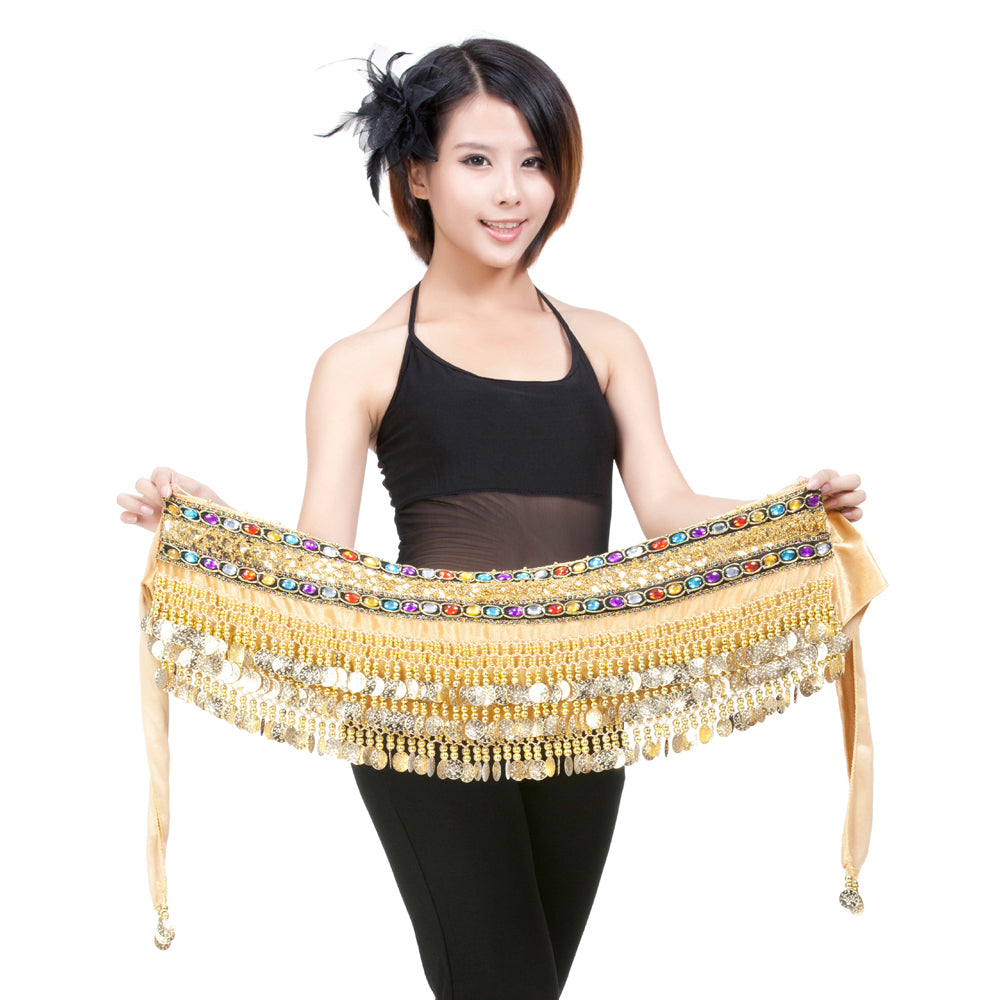 Belly Dance Wave Shape Hip Scarf with 248 Coins and Colorful Rhinestone, Belly Dance Waist Belts