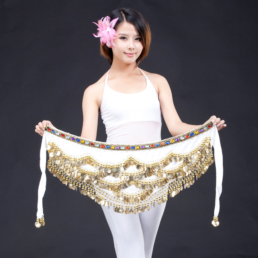 Belly Dance Wave Shape Hip Scarf with 328 Coins and Colorful Rhinestone, Belly Dance Waist Belts