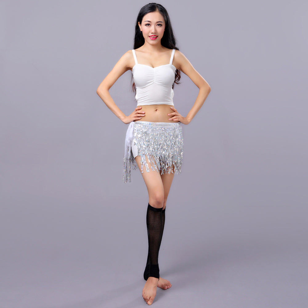 Sequined Fringed 4-Layers Drawstring Closure Belly Dance Waist Chain Skirt Hip Scarf Latin Skirt