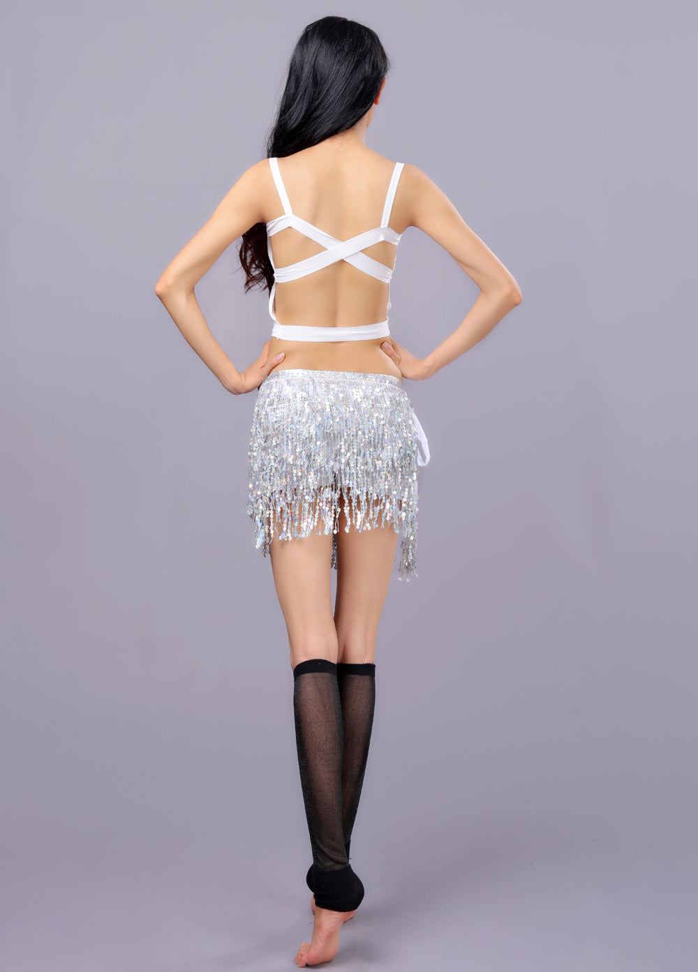 Sequined Fringed 4-Layers Drawstring Closure Belly Dance Waist Chain Skirt Hip Scarf Latin Skirt