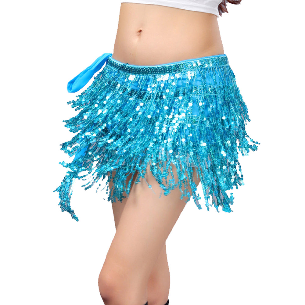 Sequined Fringed 4-Layers Drawstring Closure Belly Dance Waist Chain Skirt Hip Scarf Latin Skirt