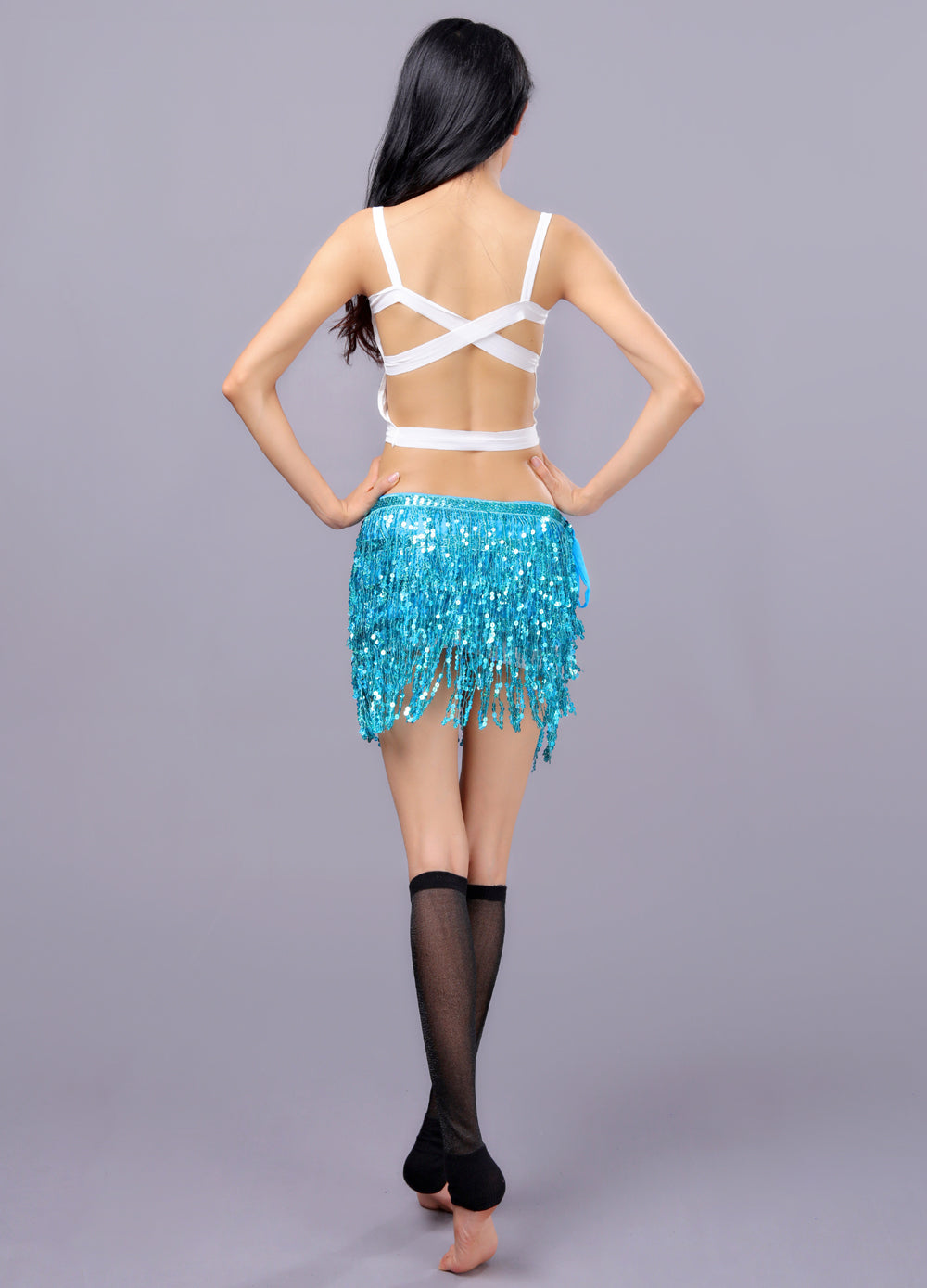 Sequined Fringed 4-Layers Drawstring Closure Belly Dance Waist Chain Skirt Hip Scarf Latin Skirt