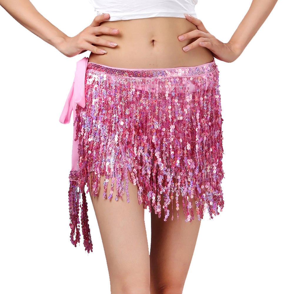 Sequined Fringed 4-Layers Drawstring Closure Belly Dance Waist Chain Skirt Hip Scarf Latin Skirt