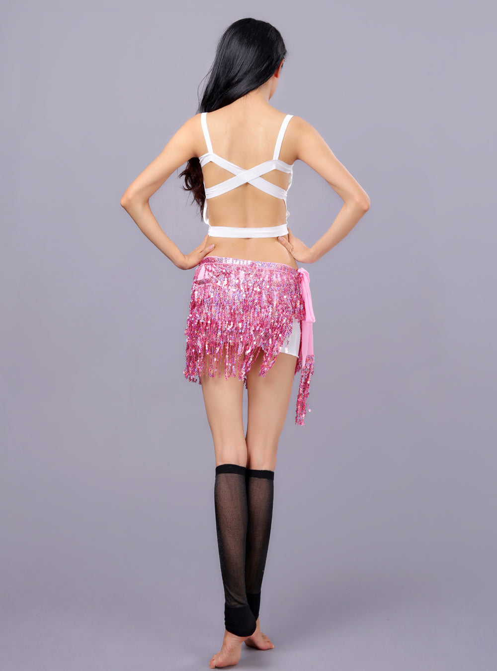 Sequined Fringed 4-Layers Drawstring Closure Belly Dance Waist Chain Skirt Hip Scarf Latin Skirt