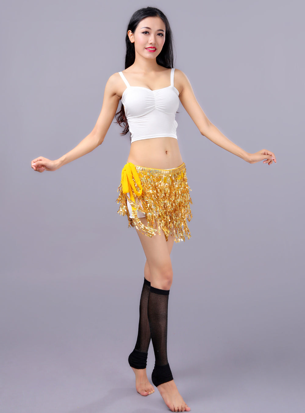 Sequined Fringed 4-Layers Drawstring Closure Belly Dance Waist Chain Skirt Hip Scarf Latin Skirt