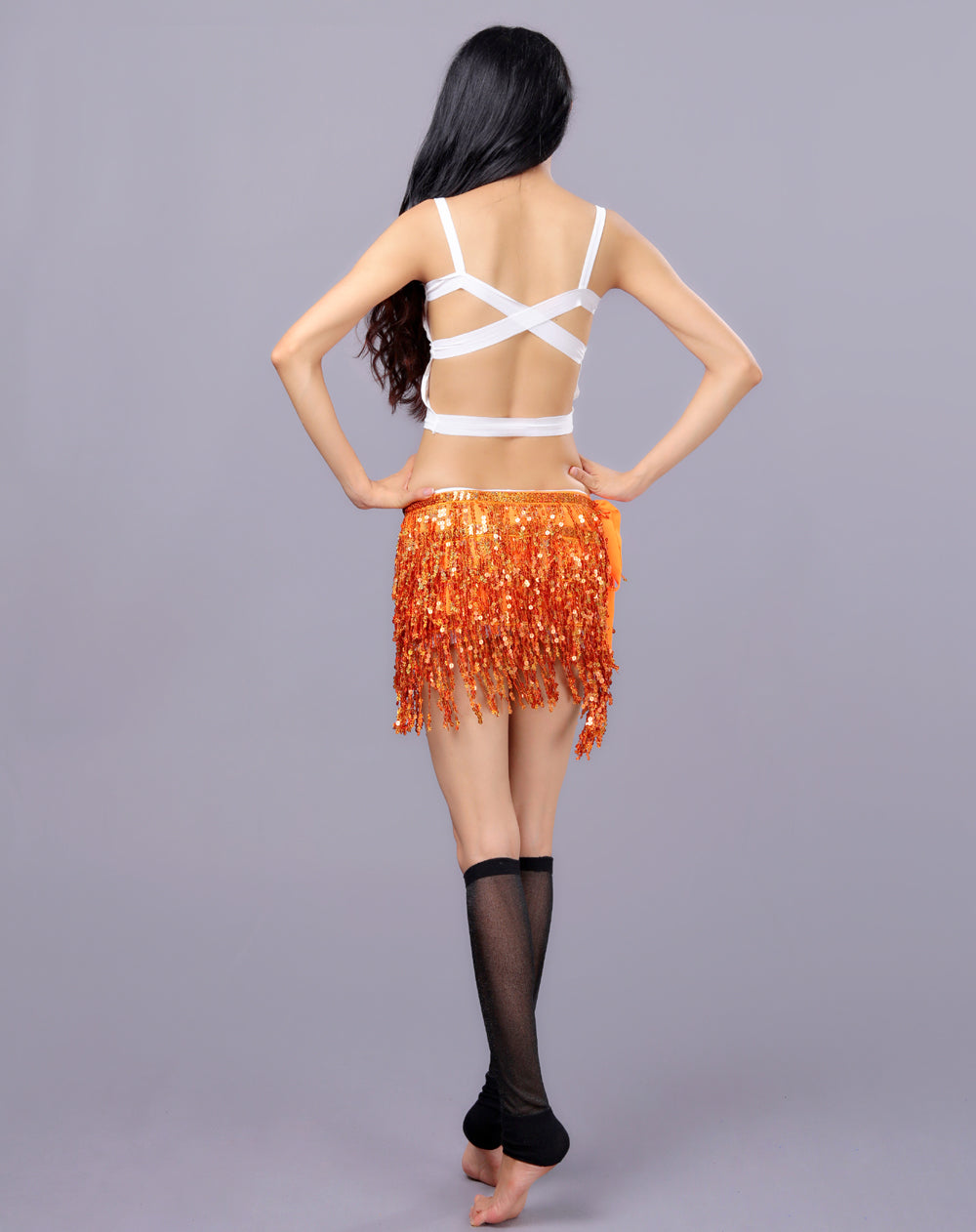 Sequined Fringed 4-Layers Drawstring Closure Belly Dance Waist Chain Skirt Hip Scarf Latin Skirt