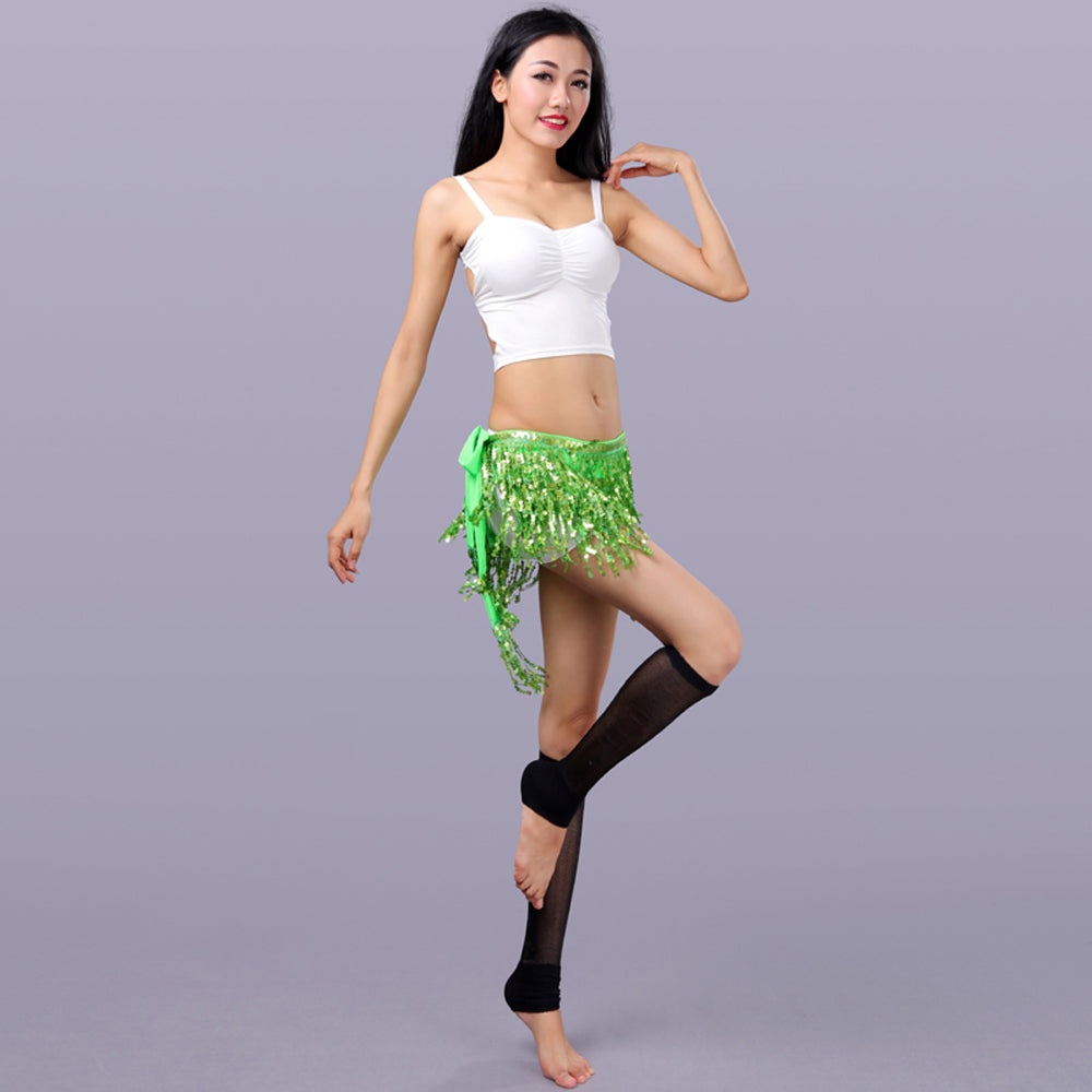 Sequined Fringed 4-Layers Drawstring Closure Belly Dance Waist Chain Skirt Hip Scarf Latin Skirt