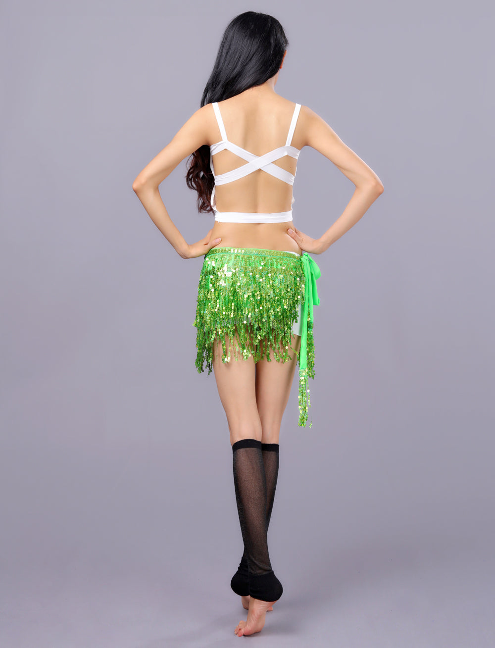 Sequined Fringed 4-Layers Drawstring Closure Belly Dance Waist Chain Skirt Hip Scarf Latin Skirt