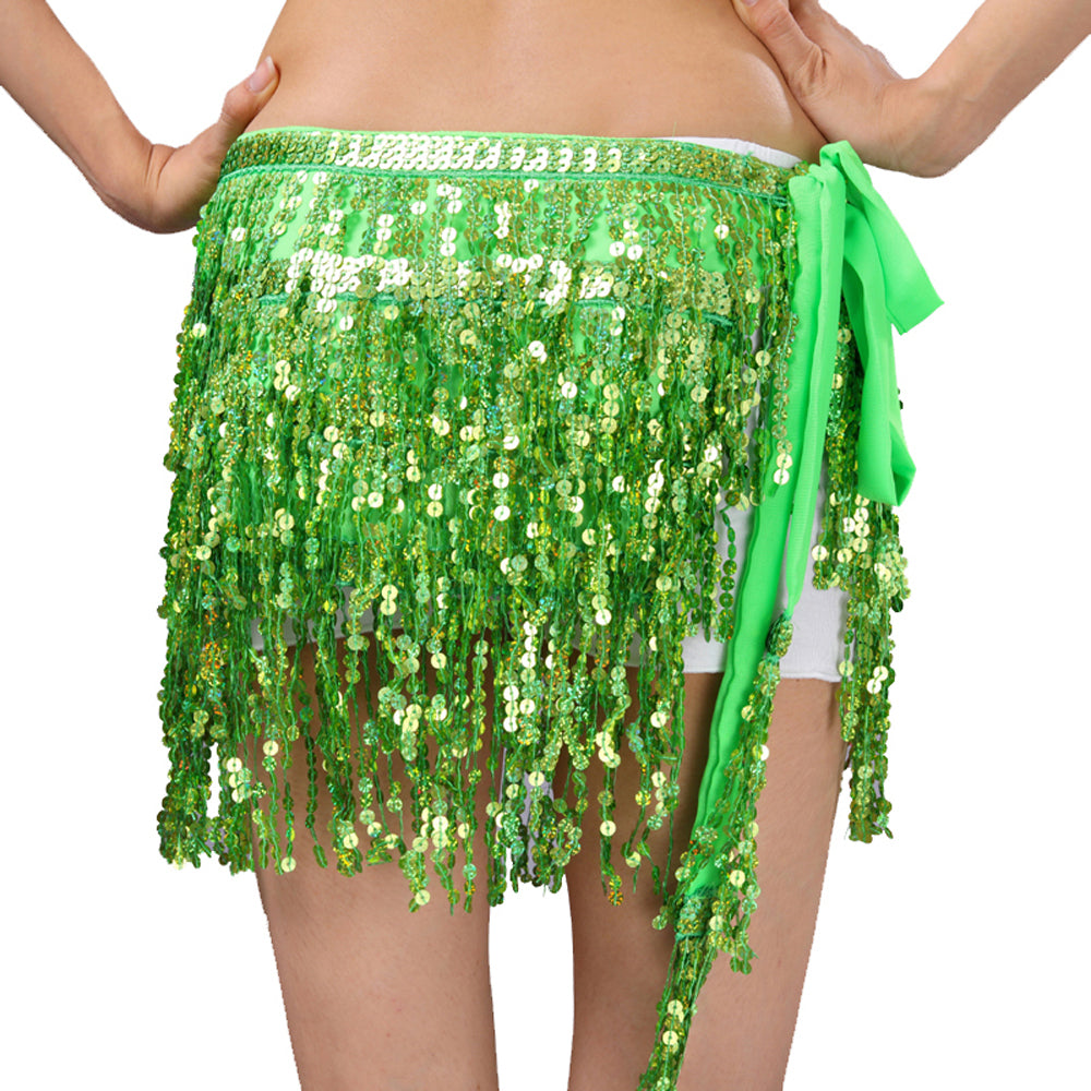Sequined Fringed 4-Layers Drawstring Closure Belly Dance Waist Chain Skirt Hip Scarf Latin Skirt