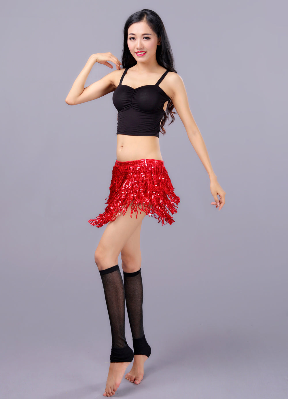 Sequined Fringed 4-Layers Drawstring Closure Belly Dance Waist Chain Skirt Hip Scarf Latin Skirt