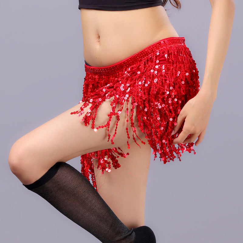 Sequined Fringed 4-Layers Drawstring Closure Belly Dance Waist Chain Skirt Hip Scarf Latin Skirt