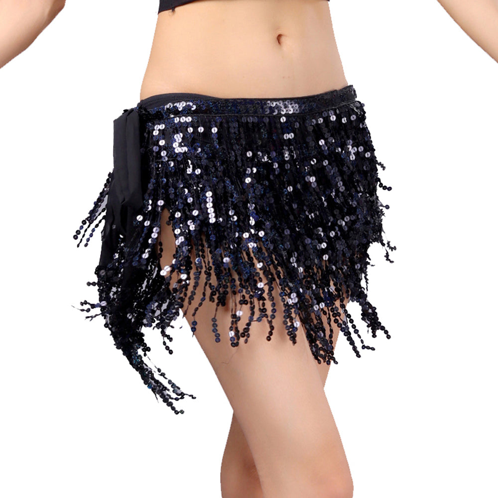 Sequined Fringed 4-Layers Drawstring Closure Belly Dance Waist Chain Skirt Hip Scarf Latin Skirt