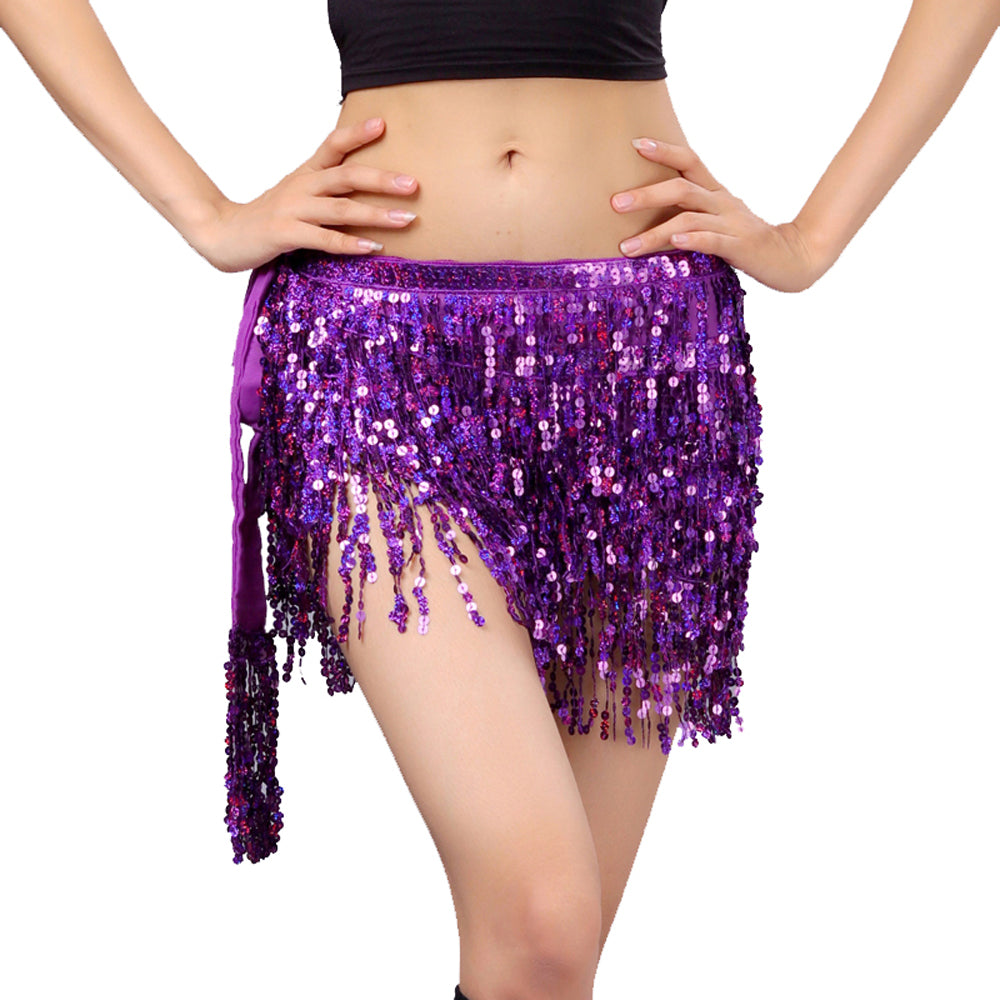 Sequined Fringed 4-Layers Drawstring Closure Belly Dance Waist Chain Skirt Hip Scarf Latin Skirt