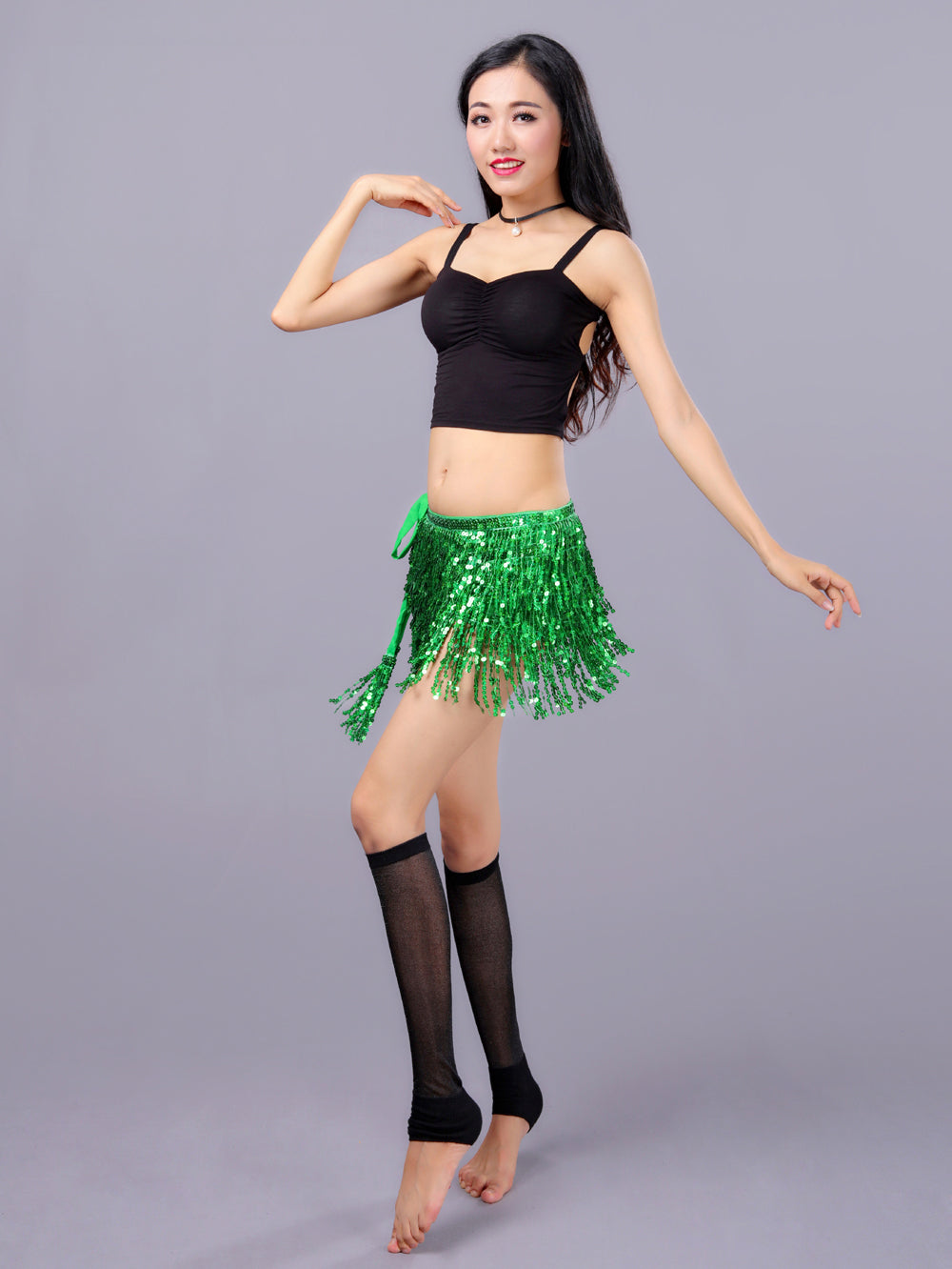 Sequined Fringed 4-Layers Drawstring Closure Belly Dance Waist Chain Skirt Hip Scarf Latin Skirt