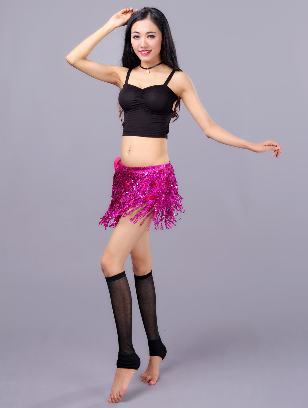 Sequined Fringed 4-Layers Drawstring Closure Belly Dance Waist Chain Skirt Hip Scarf Latin Skirt