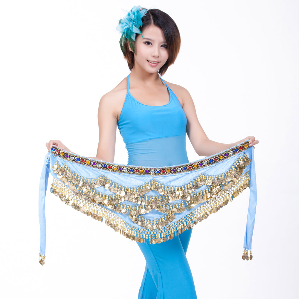 Belly Dance Wave Shape Hip Scarf with 328 Coins and Colorful Rhinestone, Belly Dance Waist Belts