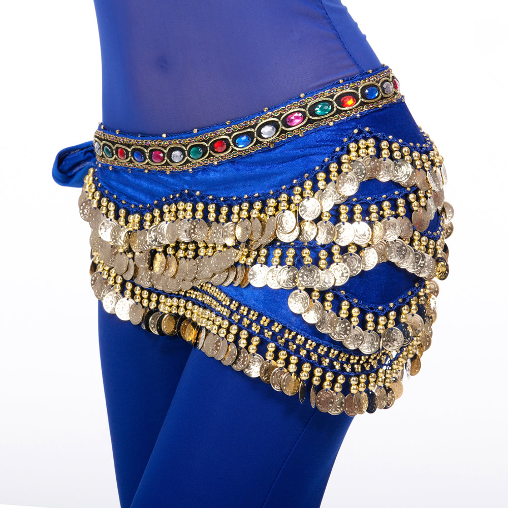 Belly Dance Wave Shape Hip Scarf with 328 Coins and Colorful Rhinestone, Belly Dance Waist Belts