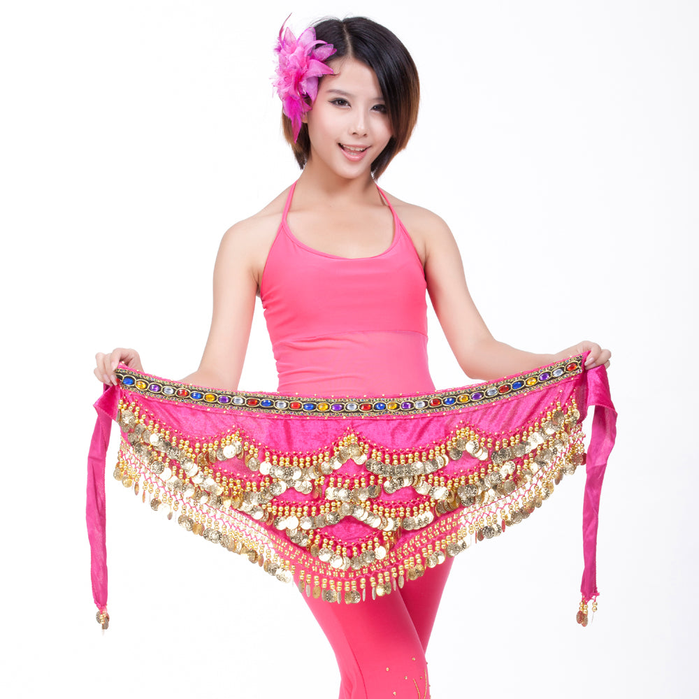 Belly Dance Wave Shape Hip Scarf with 328 Coins and Colorful Rhinestone, Belly Dance Waist Belts