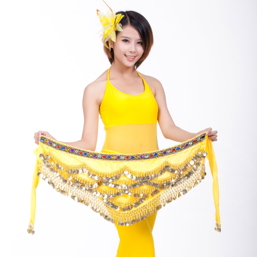 Belly Dance Wave Shape Hip Scarf with 328 Coins and Colorful Rhinestone, Belly Dance Waist Belts