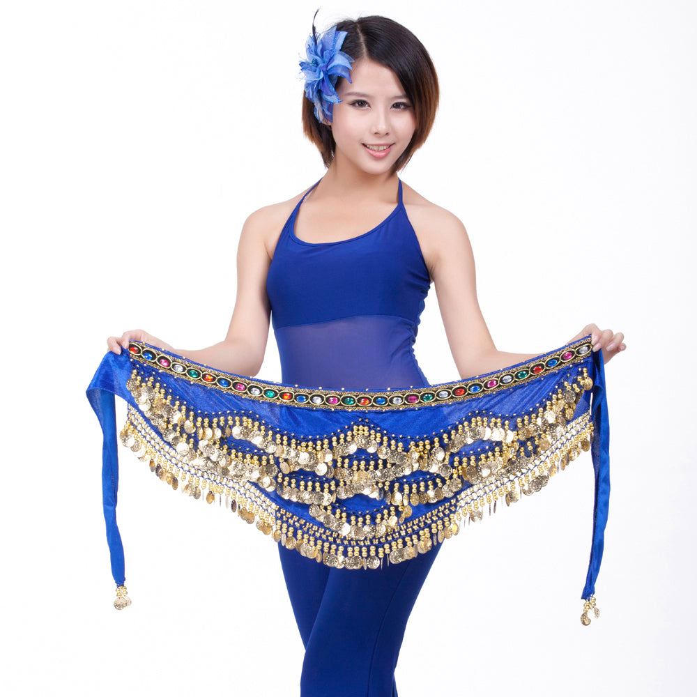 Belly Dance Wave Shape Hip Scarf with 328 Coins and Colorful Rhinestone, Belly Dance Waist Belts