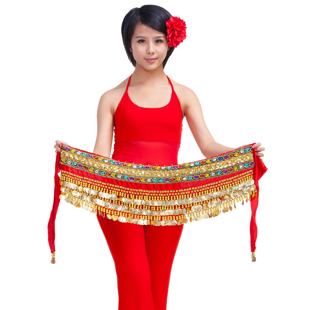 Belly Dance Wave Shape Hip Scarf with 248 Coins and Colorful Rhinestone, Belly Dance Waist Belts