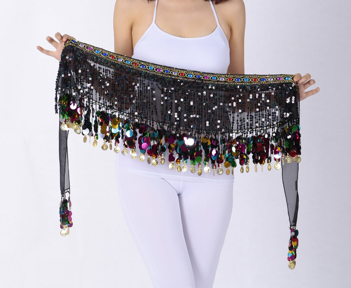 Sequined Chiffon Tassel Belly Dance Waist Chain with Colored Rhinestones Skirt Hip Scarf Latin Skirt