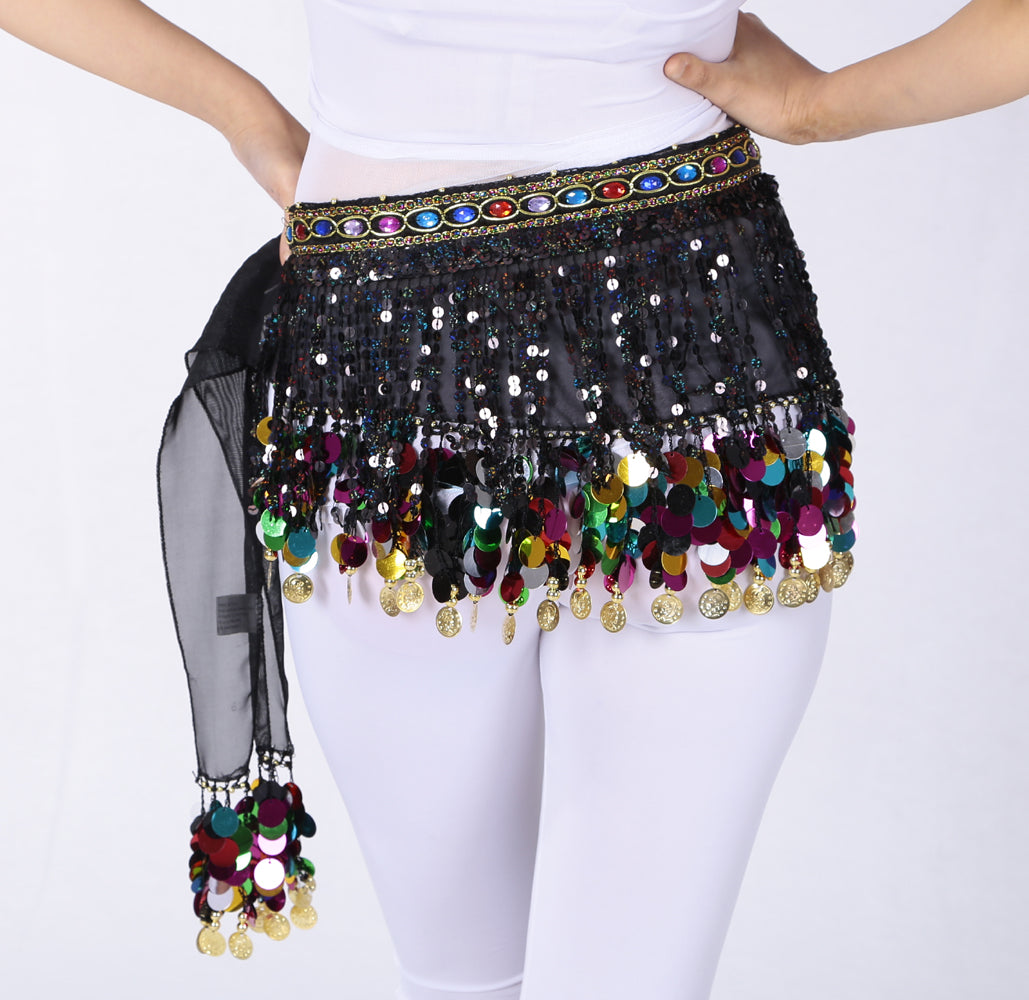 Sequined Chiffon Tassel Belly Dance Waist Chain with Colored Rhinestones Skirt Hip Scarf Latin Skirt