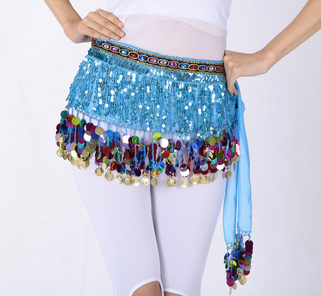 Sequined Chiffon Tassel Belly Dance Waist Chain with Colored Rhinestones Skirt Hip Scarf Latin Skirt