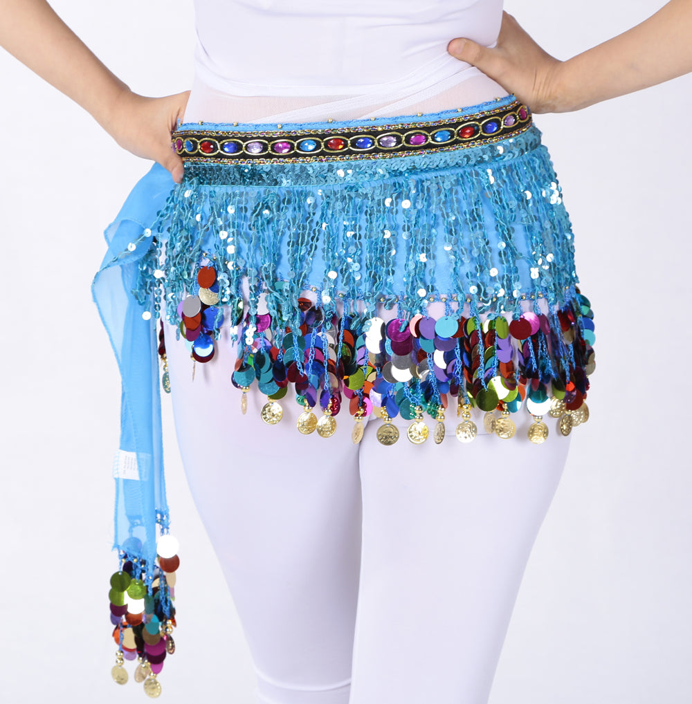 Sequined Chiffon Tassel Belly Dance Waist Chain with Colored Rhinestones Skirt Hip Scarf Latin Skirt