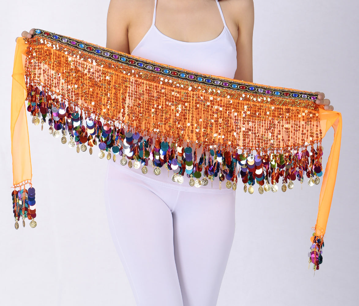 Sequined Chiffon Tassel Belly Dance Waist Chain with Colored Rhinestones Skirt Hip Scarf Latin Skirt