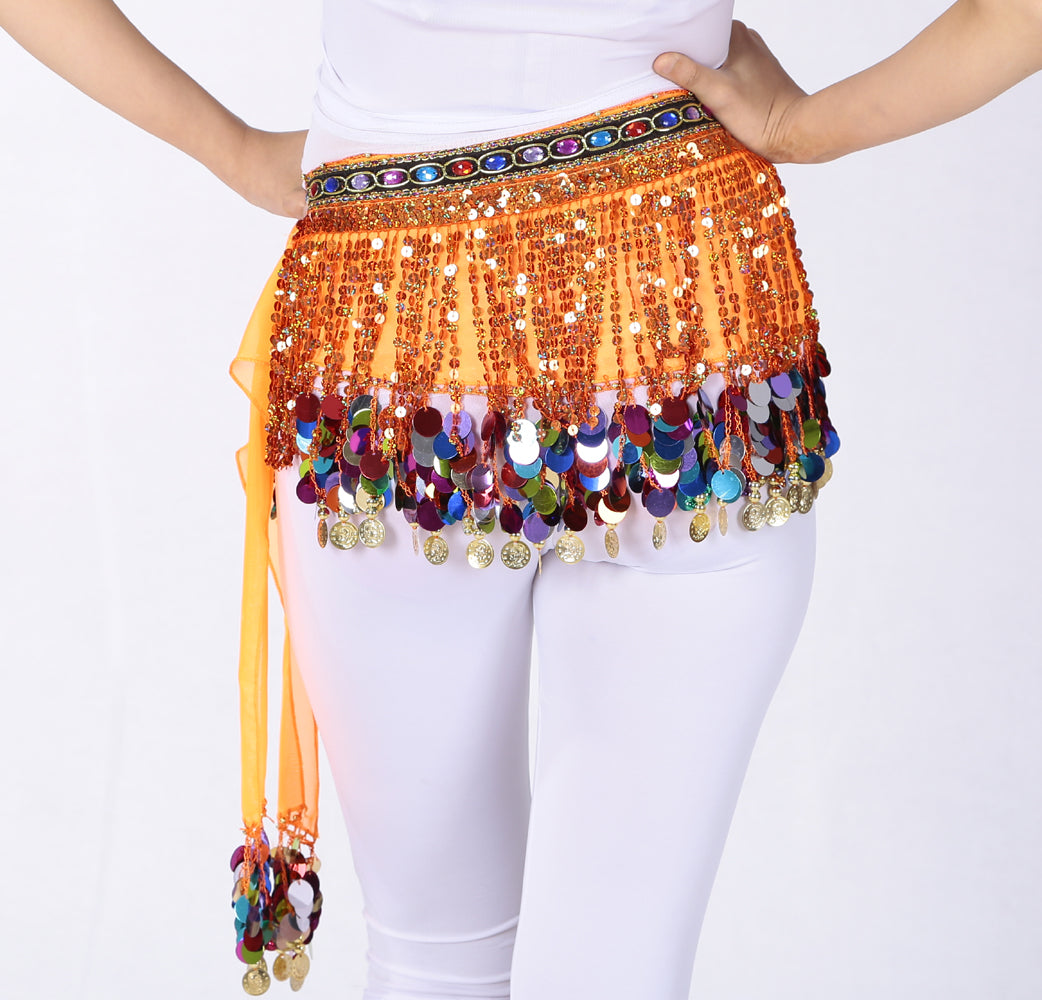 Sequined Chiffon Tassel Belly Dance Waist Chain with Colored Rhinestones Skirt Hip Scarf Latin Skirt