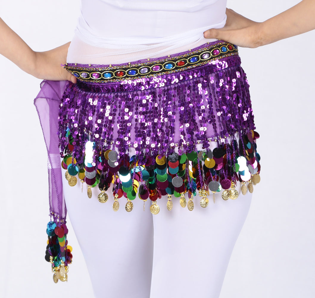 Sequined Chiffon Tassel Belly Dance Waist Chain with Colored Rhinestones Skirt Hip Scarf Latin Skirt