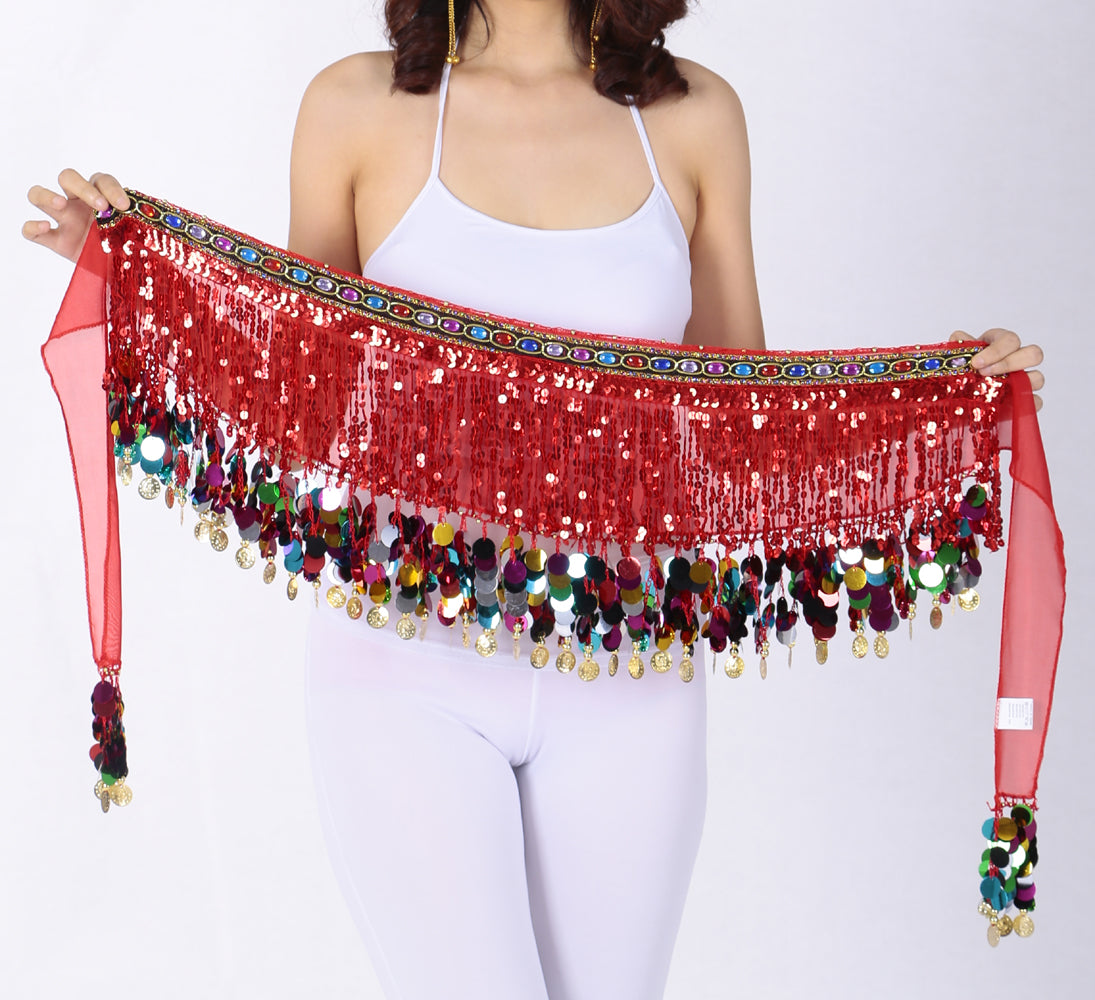Sequined Chiffon Tassel Belly Dance Waist Chain with Colored Rhinestones Skirt Hip Scarf Latin Skirt