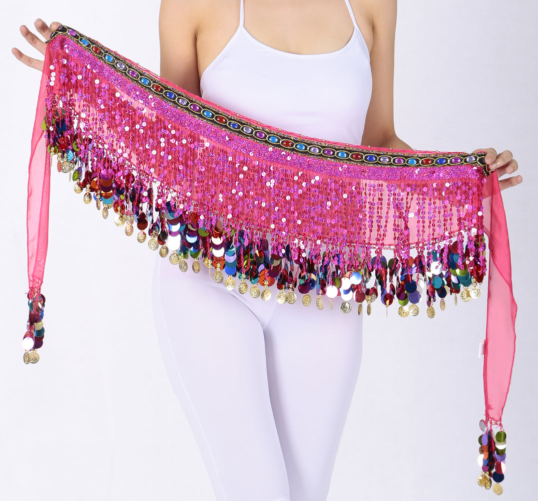 Sequined Chiffon Tassel Belly Dance Waist Chain with Colored Rhinestones Skirt Hip Scarf Latin Skirt