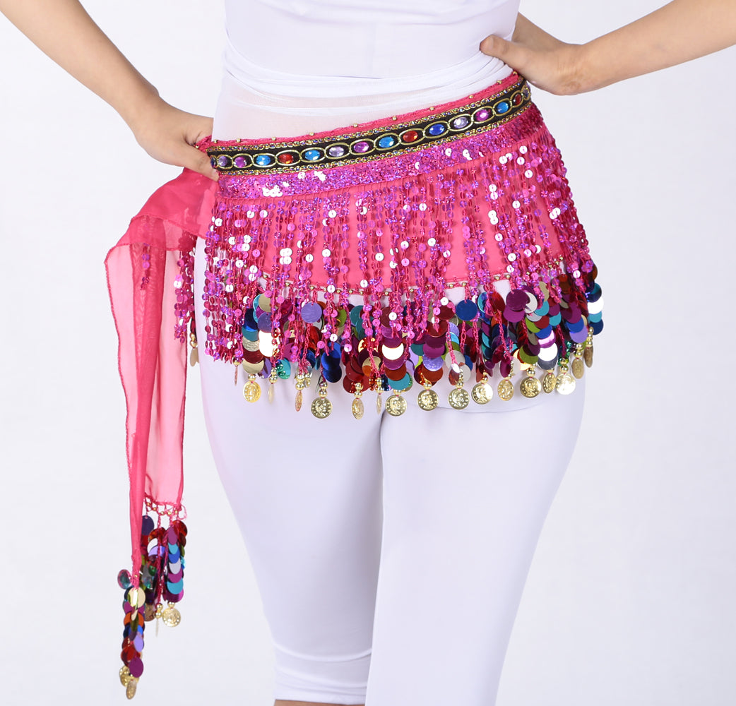 Sequined Chiffon Tassel Belly Dance Waist Chain with Colored Rhinestones Skirt Hip Scarf Latin Skirt