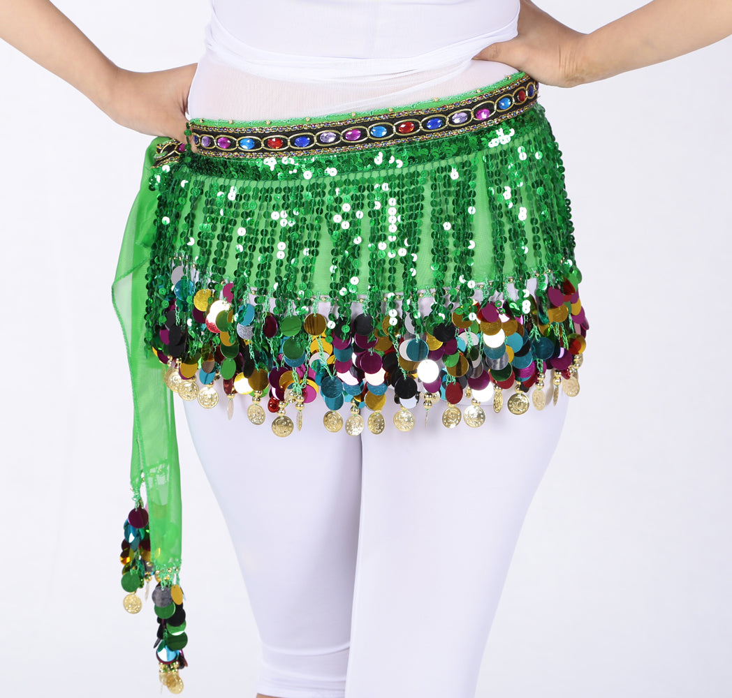 Sequined Chiffon Tassel Belly Dance Waist Chain with Colored Rhinestones Skirt Hip Scarf Latin Skirt