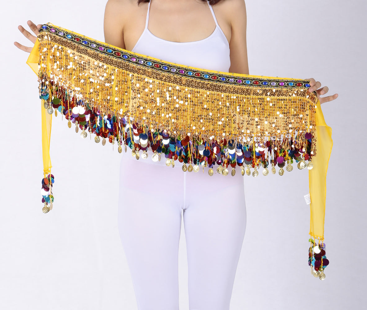 Sequined Chiffon Tassel Belly Dance Waist Chain with Colored Rhinestones Skirt Hip Scarf Latin Skirt