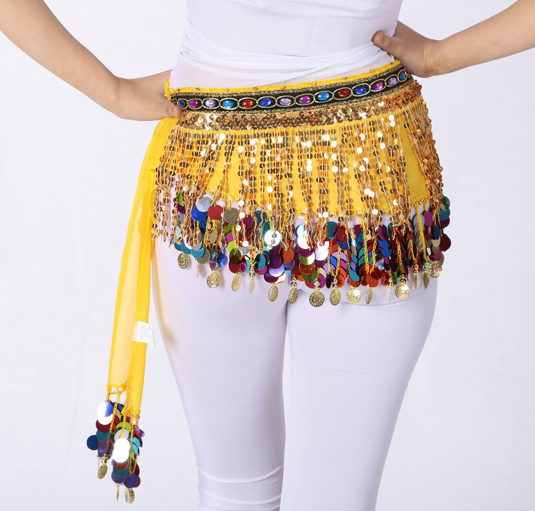 Sequined Chiffon Tassel Belly Dance Waist Chain with Colored Rhinestones Skirt Hip Scarf Latin Skirt