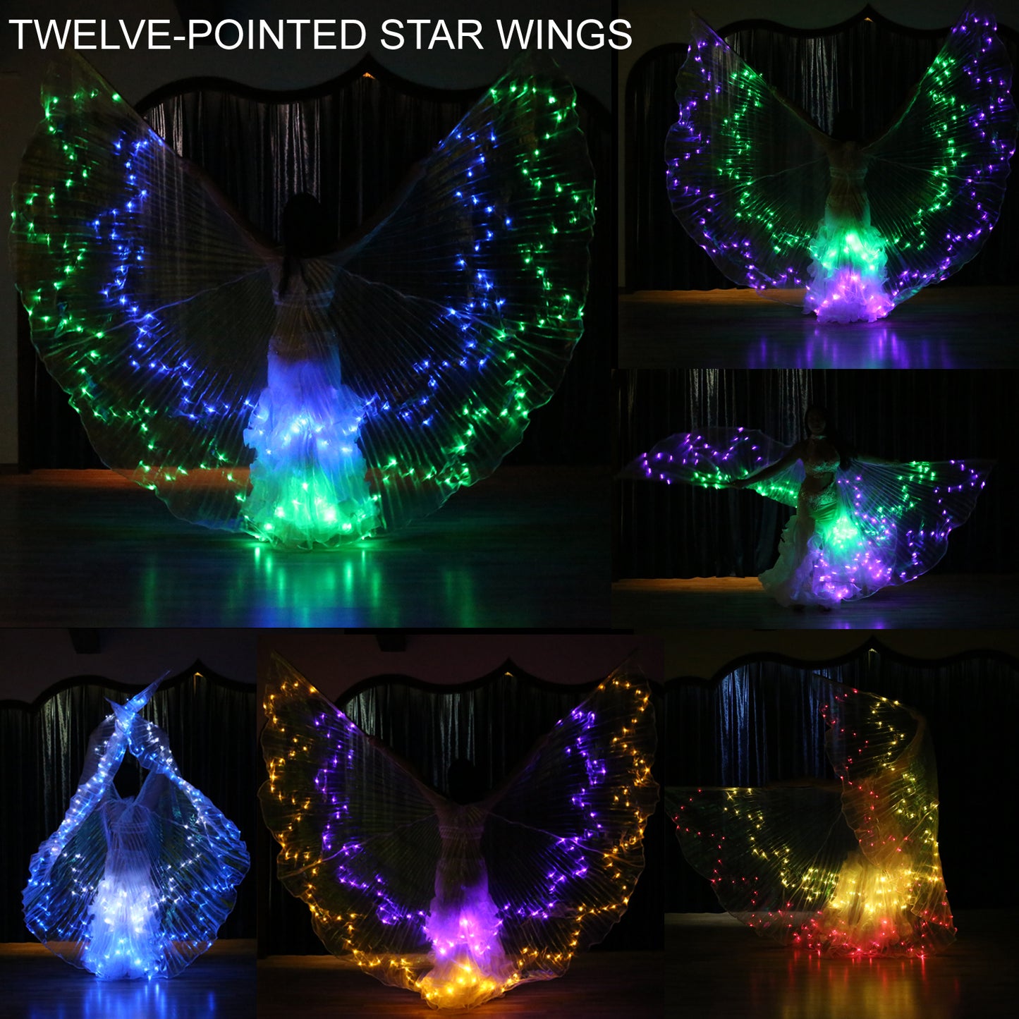 LED Isis Wing 12-Pointed Star - Belly Dance Light Up Wings for Carnival Halloween Party Club Wear with Telescopic Sticks