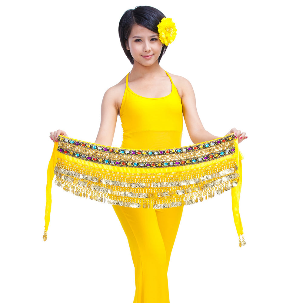 Belly Dance Wave Shape Hip Scarf with 248 Coins and Colorful Rhinestone, Belly Dance Waist Belts
