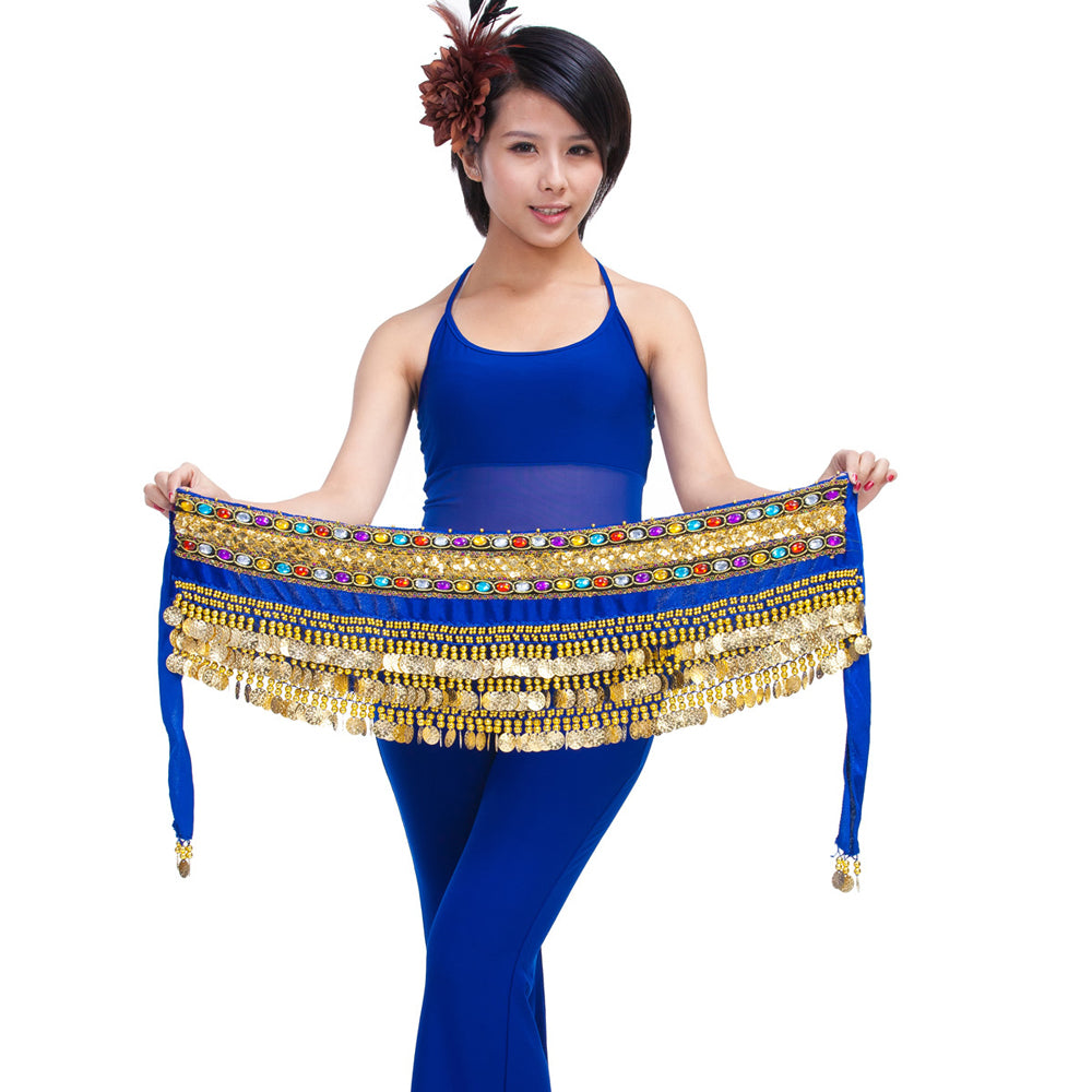 Belly Dance Wave Shape Hip Scarf with 248 Coins and Colorful Rhinestone, Belly Dance Waist Belts