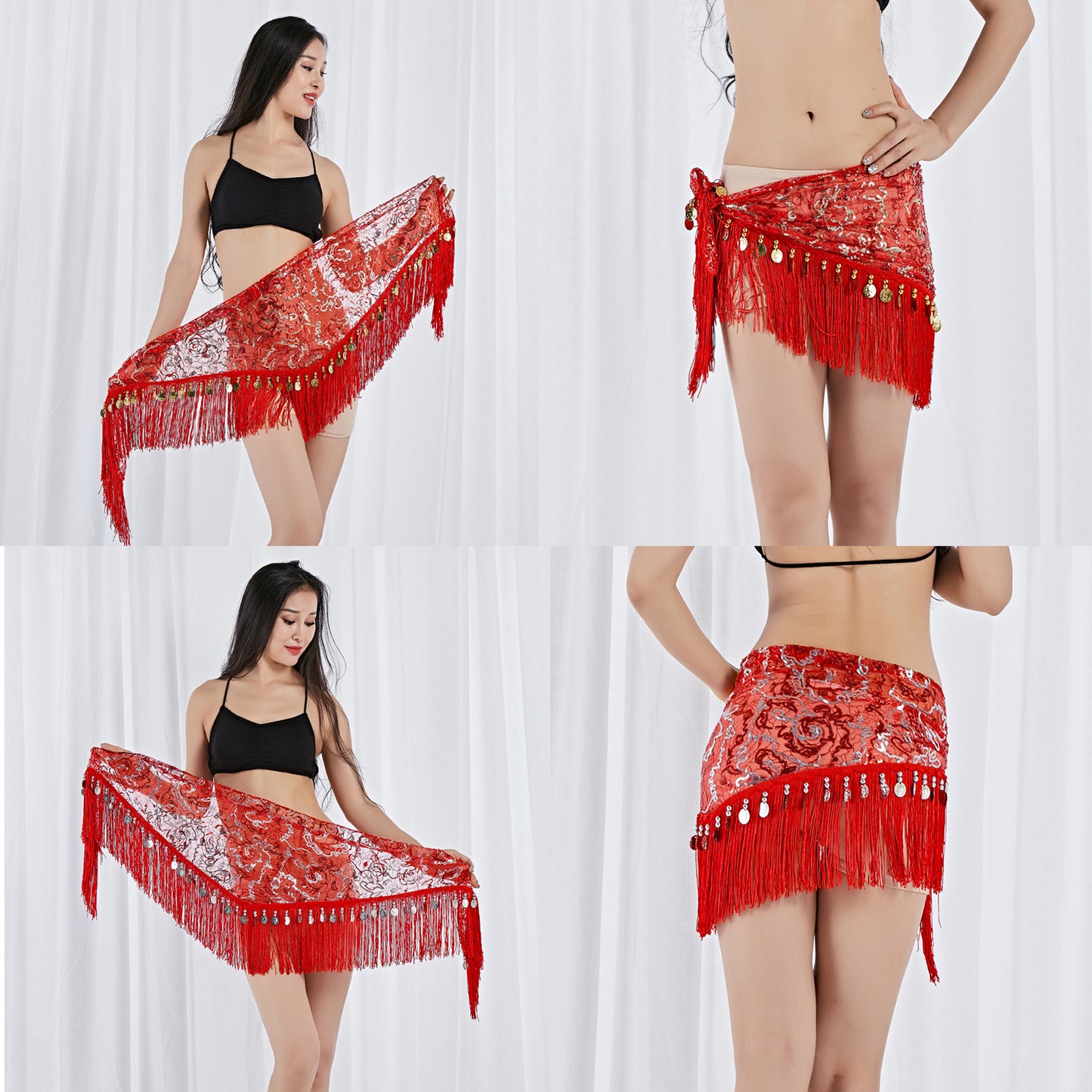 Tassels Fringed Sequins Triangle Belly Dance Hip Scarf Skirt Waist Belt for Outfits
